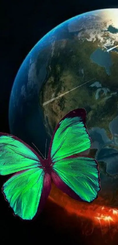 Green butterfly over planet Earth wallpaper design.