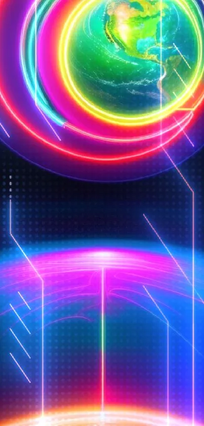 Mobile wallpaper with neon energy and Earth glowing brightly.