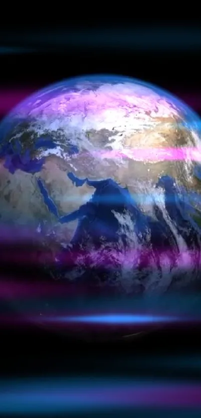 Earth wallpaper with neon light streaks in purple and blue tones.