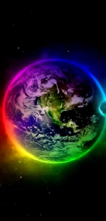 Colorful Earth with neon aura glowing on a black background.