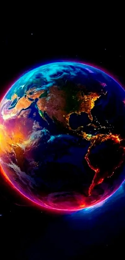 Vibrant Earth with glowing hues in space.