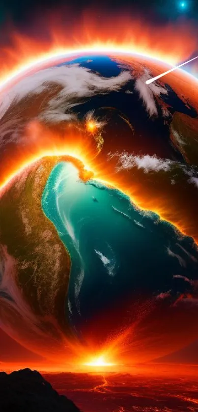 Vibrant depiction of Earth engulfed in flames, creating a striking visual.