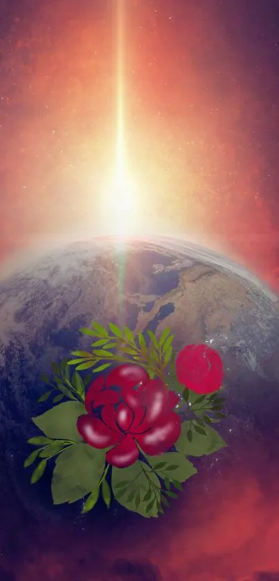 Vibrant wallpaper of Earth with glowing rose and cosmic backdrop.