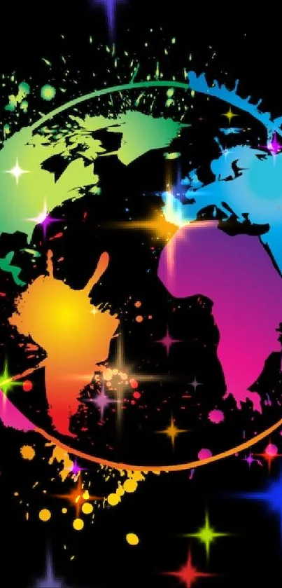 Colorful abstract earth with vibrant splash art on black background.