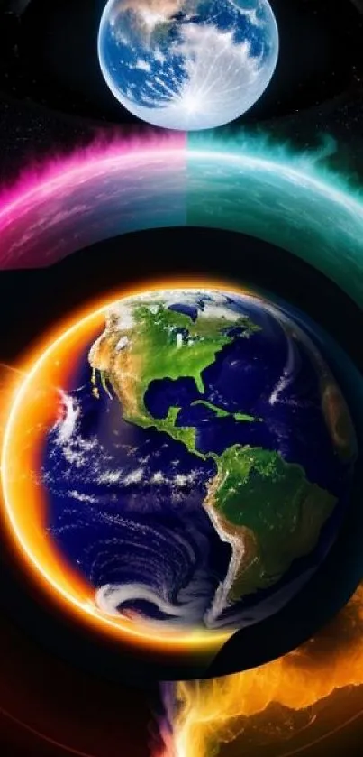 Colorful Earth and galaxy background with vivid cosmic elements displayed.