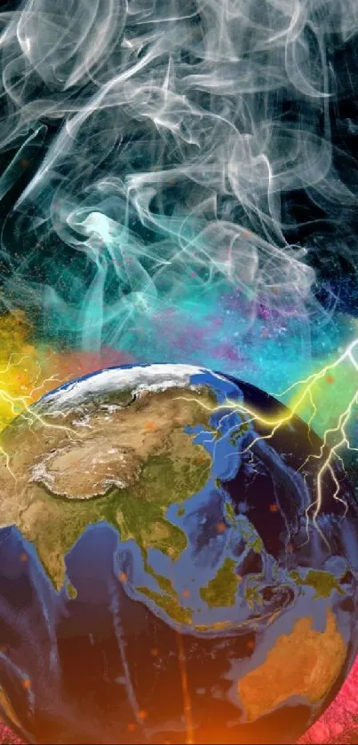 Dynamic wallpaper of Earth with lightning and colorful smoke.