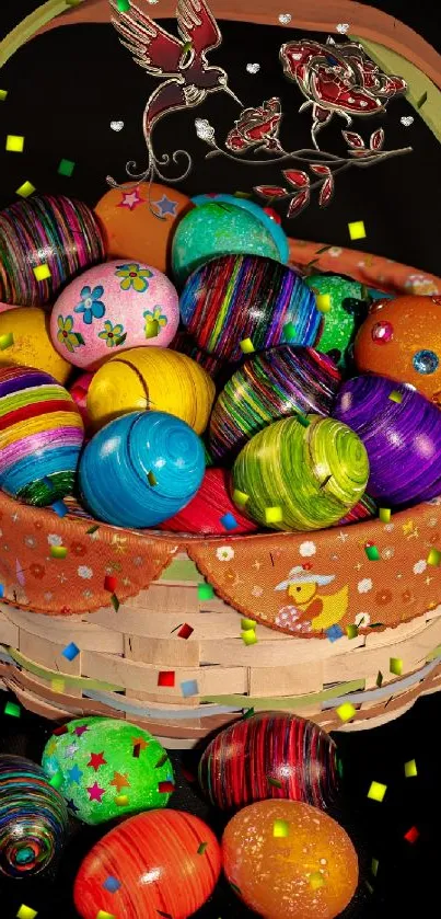 Vibrant Easter basket with painted eggs in warm colors.