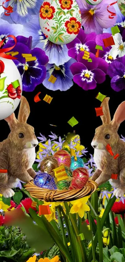 Easter wallpaper with bunnies, eggs, and vibrant flowers.