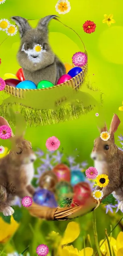 Lush green wallpaper with bunnies and colorful Easter eggs.