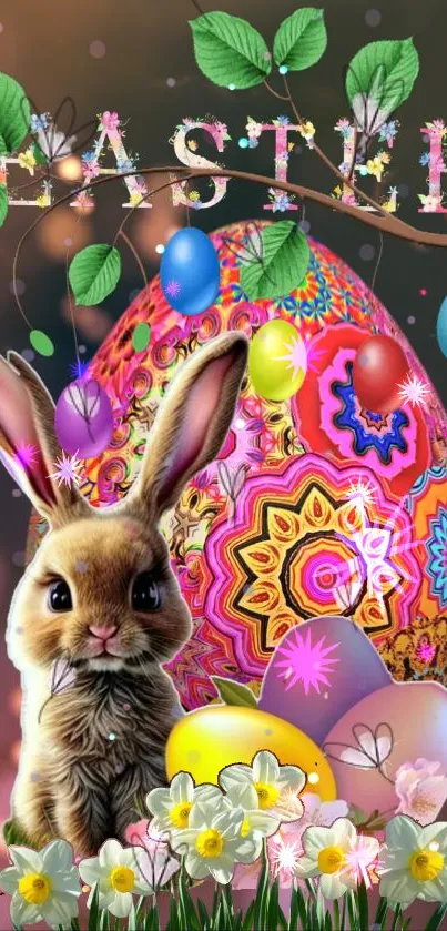 Easter wallpaper with a bunny, colorful eggs, and flowers in a vibrant design.