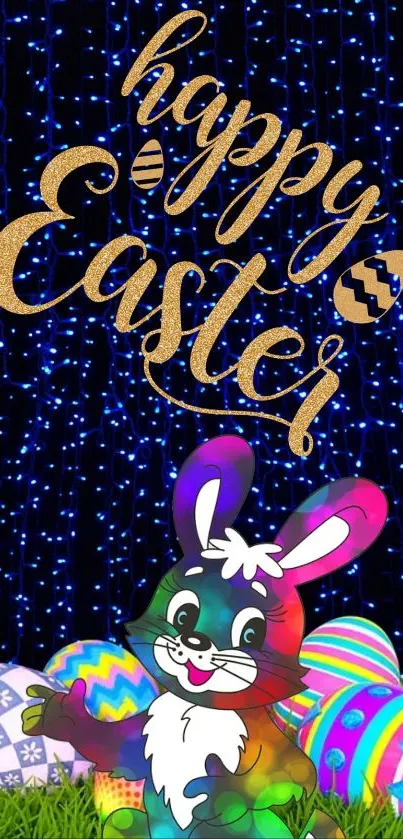 Festive Easter wallpaper with colorful bunny and decorative eggs.