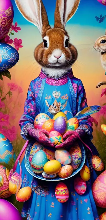 Easter bunny with colorful eggs and flowers wallpaper.