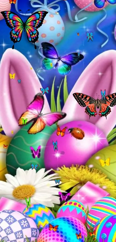 Colorful Easter wallpaper with butterflies and eggs.