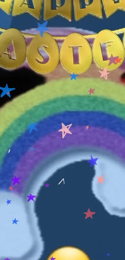 Happy Easter with stars and rainbow background.