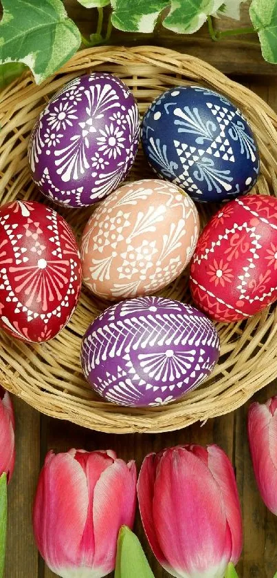 Colorful Easter eggs in a basket with vibrant tulips and green leaves.