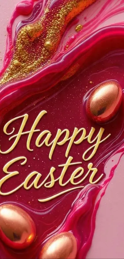 Vibrant Easter wallpaper with pink swirls and eggs.