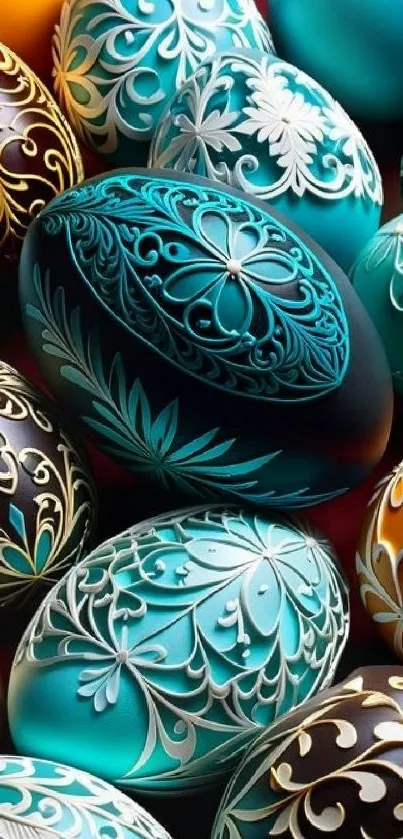 Colorful Easter eggs with floral designs on a vibrant background.