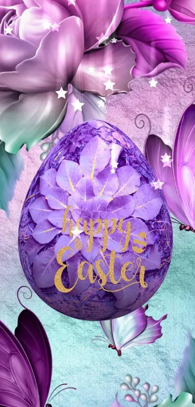 Purple Easter egg with flowers and butterflies wallpaper.