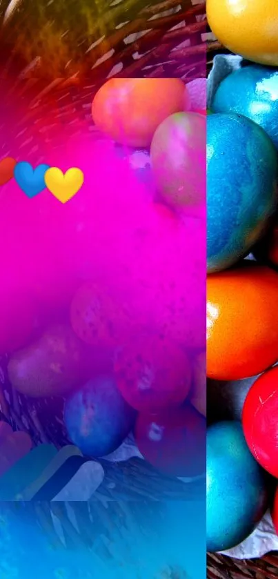 Vibrant colorful Easter eggs in a basket design.