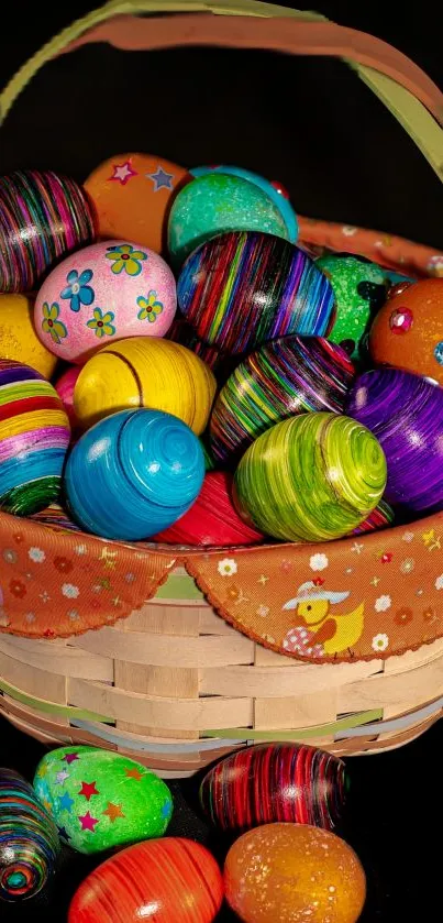 A basket of vibrant and colorful Easter eggs, perfect for festive mobile wallpaper.