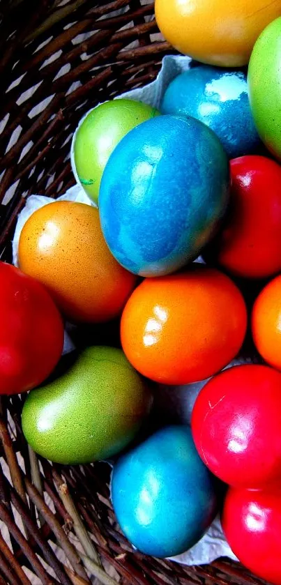 A wicker basket with colorful Easter eggs.