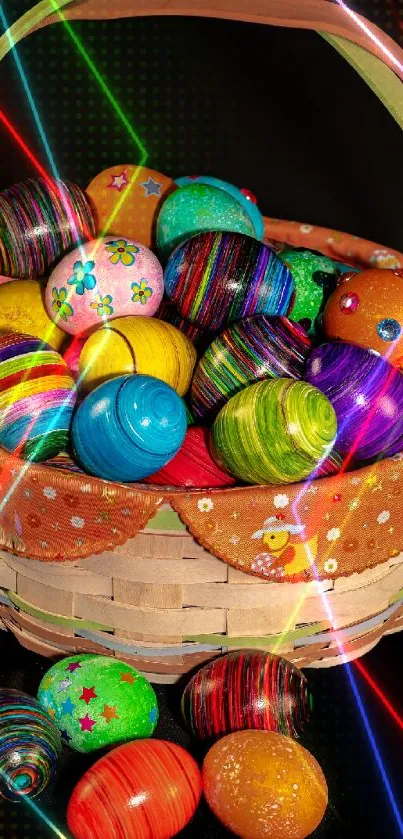 Basket of colorful Easter eggs on black background.