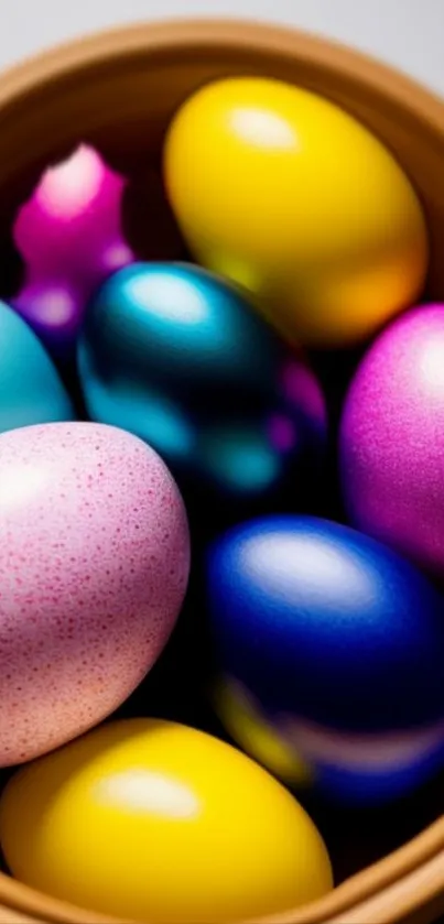 Vibrant Easter egg basket with colorful eggs in a bowl.