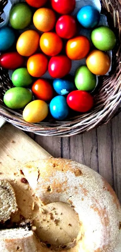 Colorful Easter eggs in a wicker basket with bread on a wooden surface.