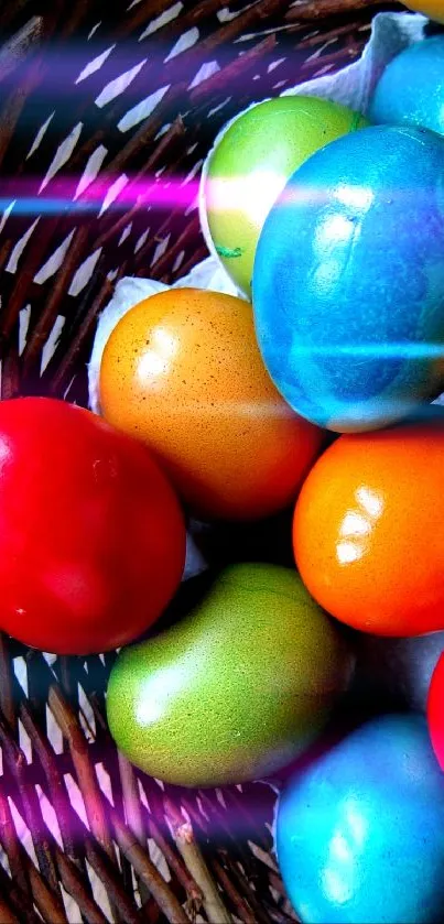 Colorful Easter eggs in a wicker basket with vibrant hues and festive glow.