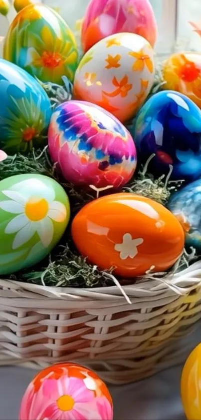 A vibrant basket of colorful Easter eggs with floral designs.