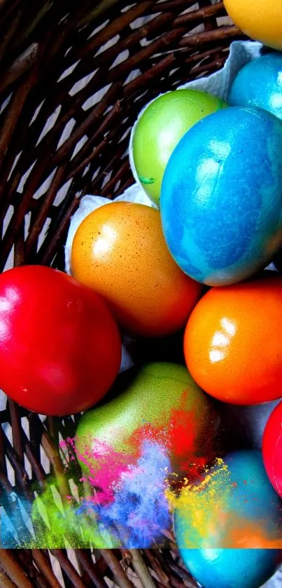 Colorful vibrant Easter eggs in a woven basket.