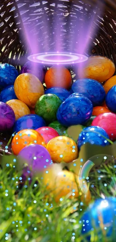 Colorful Easter basket with eggs and mystical glow.