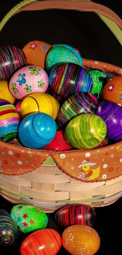 Colorful Easter eggs in a festive basket.