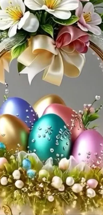 A vibrant Easter basket filled with colorful eggs and flowers.