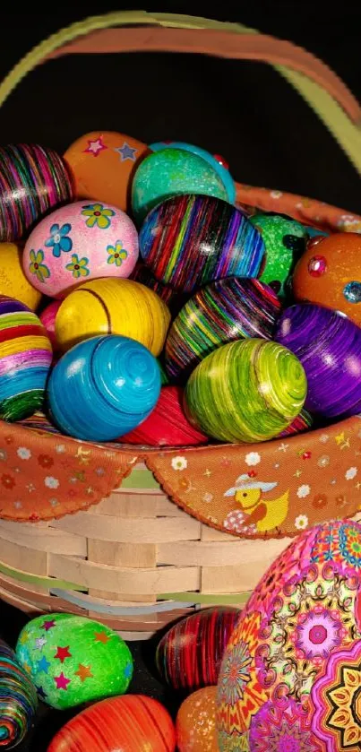 Colorful Easter egg basket with intricate designs.