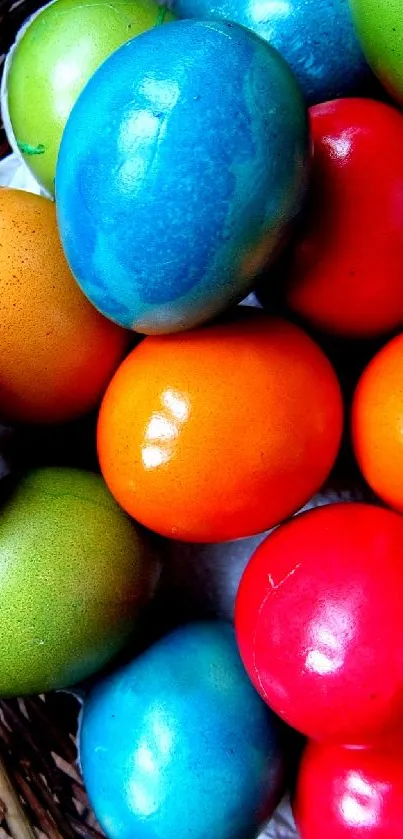 A basket filled with colorful and vibrant Easter eggs.