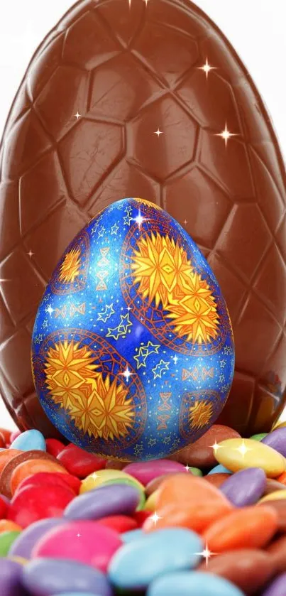 Vibrant blue and yellow Easter egg with chocolate, surrounded by colorful candies.