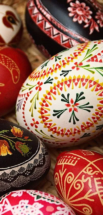 Intricately designed colorful Easter eggs in a basket.