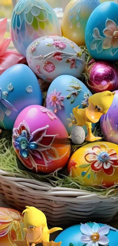 Colorful Easter eggs with floral patterns in a festive display.