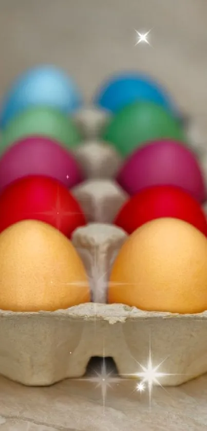 Colorful eggs arranged in a carton, showcasing various vibrant hues.