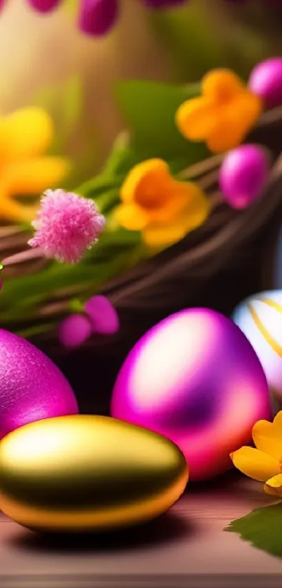 Colorful Easter eggs with vibrant spring flowers in a decorative display.