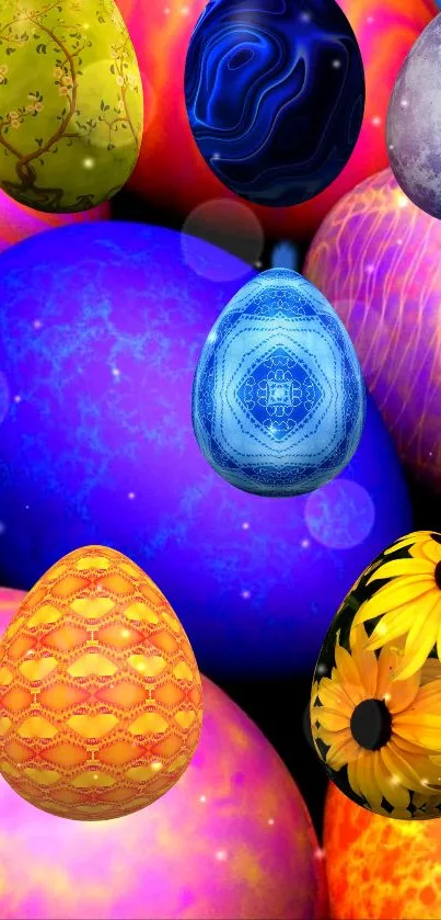 Colorful Easter eggs with artistic patterns on a vibrant blue background.