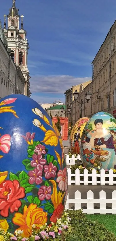 Vibrant Easter egg street art with historic architecture.