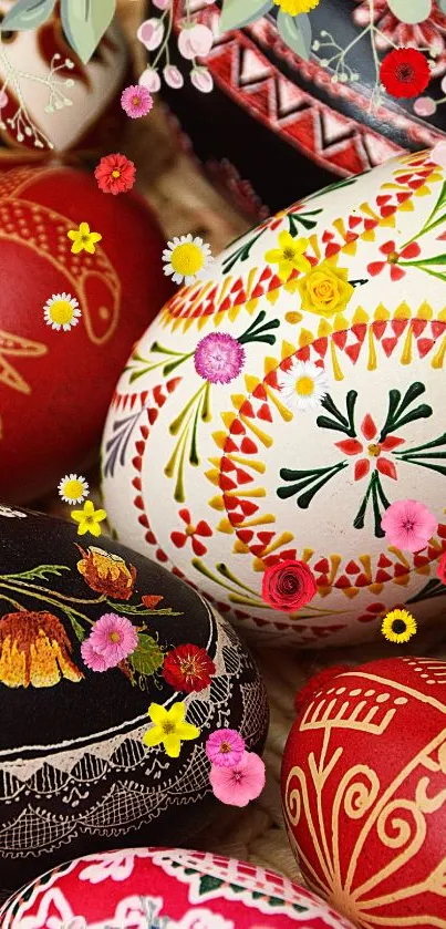 Colorful Easter eggs with floral designs, vibrant and festive.