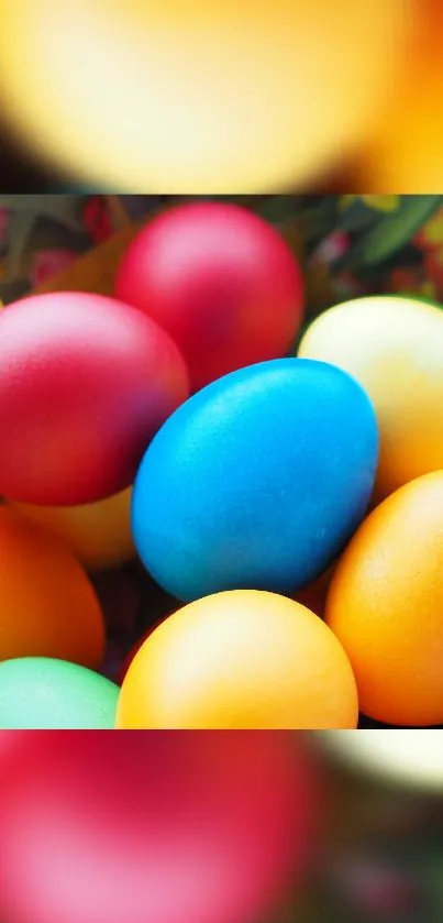 Colorful Easter eggs in vibrant shades on a mobile phone wallpaper.