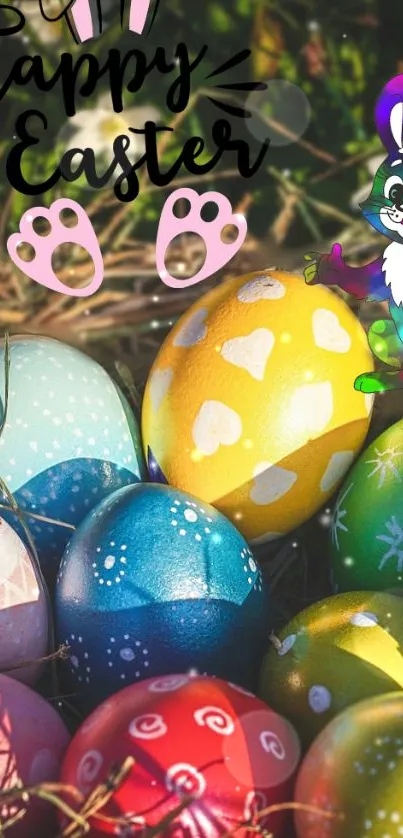 Colorful Easter eggs with a playful bunny and 'Happy Easter' text.