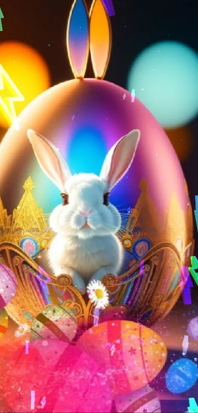 Colorful Easter egg with bunny in vibrant fantasy art style.