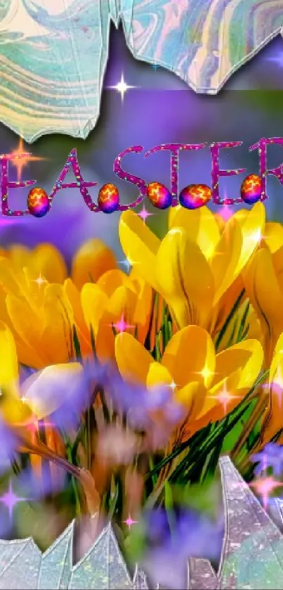 Colorful Easter mobile wallpaper with crocuses and abstract design.