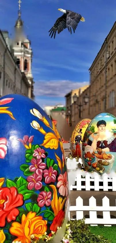 Street decorated with vibrant Easter eggs and art.