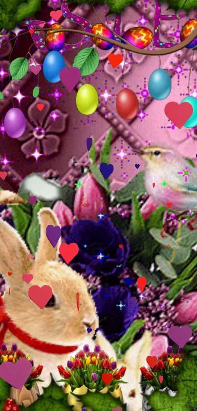 Colorful Easter wallpaper with bunnies, eggs, birds, and flowers.